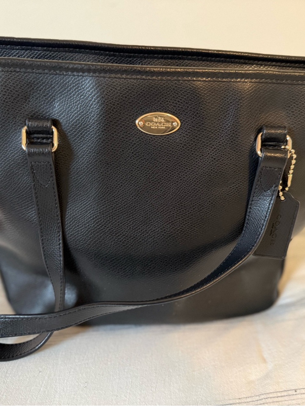 Coach Black Leather Tote with Gold Accent Plaque